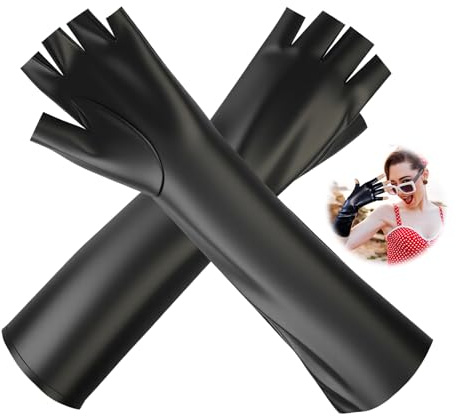 DmDoyy Fingerlose Handschuhe Leder Silber Schwarz Metallhandschuhe Ellenbogenlange Lange Handschuhe Silber Damen Party Halloween Cosplay 980er Jahre Alien Halloween Kostüm Zubehör Braut Hochzeit