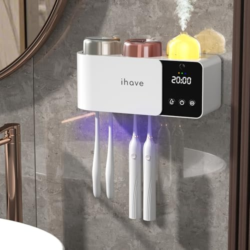 iHave Toothbrush Holder with UV Toothbrush Sanitizer, Aromatherapy Diffuser & IR Night Light - 4-Hour Smart Cruise Disinfection, Auxiliary Combo Drying - Wall-Mounted Bathroom Organizer with 2 Cups