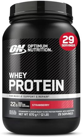 Optimum Nutrition Whey Protein Powder Strawberry Flavour, 22g Protein Per Serving - Easy‑to‑M Whey Concentrate for Muscle Growth and Maintenance, 870 g (29 Servings)