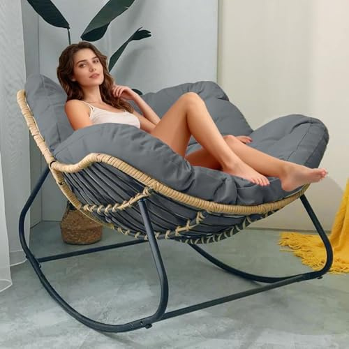 BYGSBKDP Giant Leisure Patio Rocking Chair for Adults, Comfy Wicker Papasan Chairs, Outdoor Egg Chair, with Soft Thick Cushio for Indoor, Grand, Patio, Living, Bedroom, Reading Room (Dark Grey)
