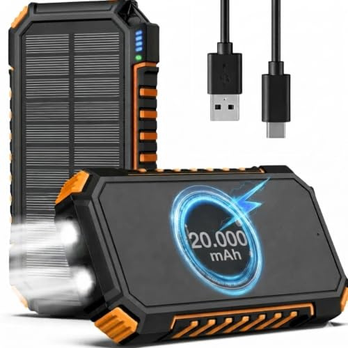 Velora Batterie Externe Solaire 26800mAh, Power Bank Étanche avec Double Port USB et Lampe LED Puissante – Chargeur Portable pour Smartphone, Tablette, Camping et Randonnée