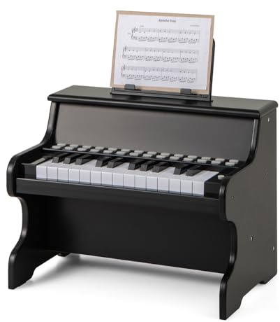GOPLUS Clavier Piano Enfant 25 Touches Lumineuses, Piano Numérique en Bois avec Pupitre, Mode d'apprentissage, Volume/Vitesse Réglables, Instrument de Musique pour 3+ Ans (Noir)