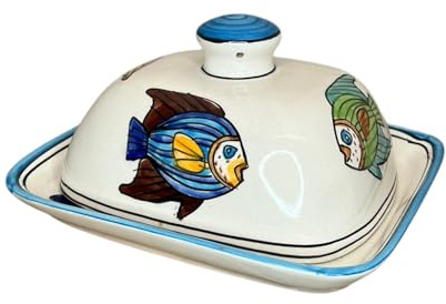 Butterdose mit Deckel Keramik Bunt Handbemalt (Fisch blau)