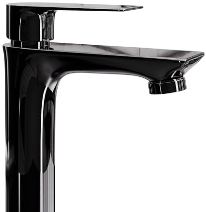 Planetmöbel Wasserhahn Bad-Mischbatterie | Waschtischarmatur mit Keramik Kartusche, Armatur für Waschbecken Badezimmer, Einhebelmischer, Höhe 17 cm, schwarz glanz