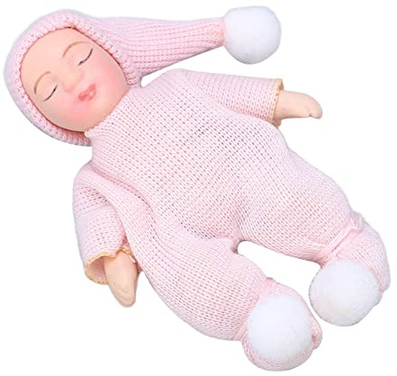 Akozon Puppenhaus-Miniaturen Im Maßstab 1:12, Puppenhaus-Porzellan, Schlafendes Baby in Rosa Pullover – Miniatur-Neugeborenen-Babyfigur für die -Dekoration