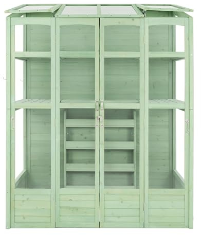 Garden Greenhouse 5 x 2ft Green Wooden Victorian Tall Wall Growhouse Fir Wood Waterproof Paint Walk In Lean To 2 Swing Doors Auto-Vent Roof Windows Adaptable Shelving Planter Box Door Latch 4 Hooks