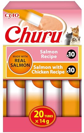 INABA Churu Salmon Cremige Katzenleckerlis, Ohne Getreide & Zucker, zum Füttern aus der Hand, Rezepte mit Lachs und Huhn, Hochwertige Zutaten, Hoher Feuchtigkeitsgehalt, Variety Pack 20 × 14 g