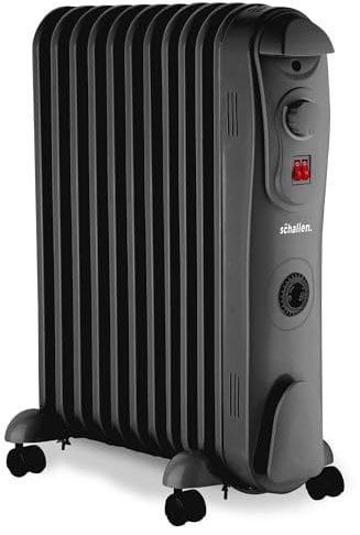 Schallen Black Portable Electric Slim Oil Filled Radiator Heater with Adjustable Temperature Thermostat, 3 Heat Settings & Safety Cut Off (2500W | 11 Fin)