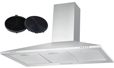 Cookology CH900SS/A 90cm Chimney Cooker Hood Extractor Fan with CF150 Carbon Filters, Energy Rated A, 3 Speed, Kitchen Wall Mounted 900mm, Adjustable Height, Air Recirculating - Stainless Steel