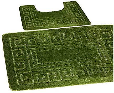 De Lavish Bath Mat Set 2 Piece Non Slip Rubber Pedestal and Bath Mat Set Toilet Greek Bathroom Rug New (Fern)