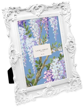 Laura Ashley Bilderrahmen, kunstvoll, handgefertigt, Kunstharz, mit Staffelei und Haken, für Tisch- und Wanddekoration, Blumendesign, Heimdekoration, Fotogalerie, Kunst, 12,7 x 17,8 cm, Weiß