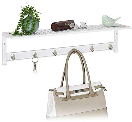 Relaxdays Wandgarderobe mit Ablage, 6 Haken, Landhausstil, Flur & Bad, Bambus, HBT 18x75x16 cm, Wandhandtuchhalter, weiß