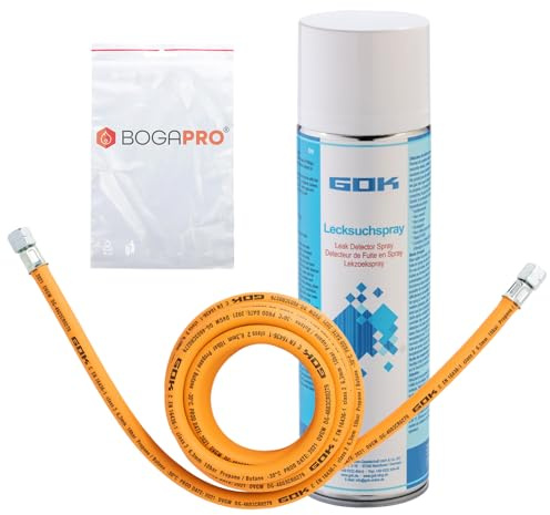 BOGAPRO Schlauch für Gasflaschen 2 m, Camping Propangasschlauch mit 1/4 Linksgewinde beidseitig, inkl. Lecksuchspray zur Lecksuche bei Dichtheits- und Gasdruckprüfungen und Polybeutel
