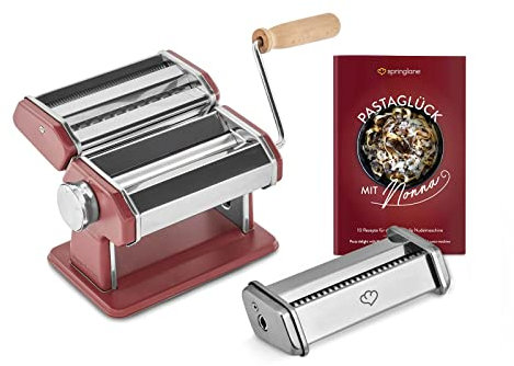 SPRINGLANE Manuelle Nudelmaschine Nonna, Edelstahl, Pastamaker inkl. Rezeptheft, Nudeltrockner, Linguineaufsatz & 3 Schneideaufsätze für Spaghetti, Lasagne, Tagliatelle - Rot