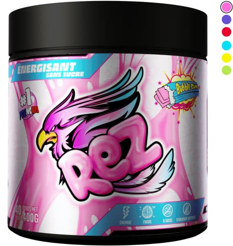 Rez | Energy Drink en Poudre | Boisson Énergisante SANS Sucre | Colorants et Arômes Naturels | Fabriqué en France | 40 Shakers en 1 Pot (400 g (Lot de 1), BubbleGum)