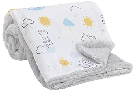 Disney Winnie Puuh Babydecke aus superweichem Velboa mit Sherpa-Rückseite, Weiß, Gelb und Aqua, Sonnenschein und Wolken