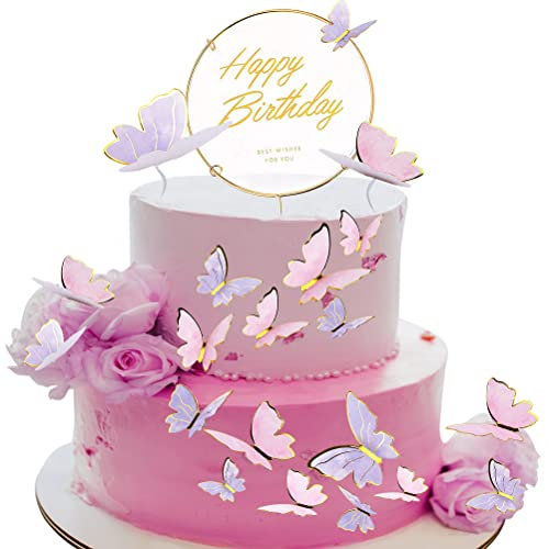 Happy Birthday Tortendeko Geburtstag, Gold Happy Birthday Cake Topper mit Rosa Lila Schmetterling Torten Kuchen Cupcake Topper, Glitter Kuchendeko Geburtstag Tortenaufsatz für Mädchen Junge Mann Frau