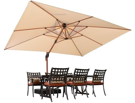 PURPLE LEAF Parasol Rectangulaire 2,7 x 3,65 m, Grain de Bois en Aluminium Parasol De Jardin Extérieur Toit à Double Rotatif 360°, Parasol Déporté Extérieur XXL, Beige