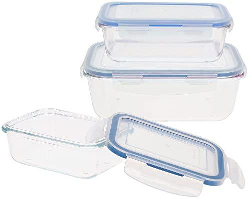 AKTIVE Max Home - Pack 3 Recipientes Herméticos de Vidrio, táper Cristal Apto para Microondas, Envases para Comida con Cierre, 330/800/1500 mililitros, transparentes, Contenedor de Alimentos (16546)