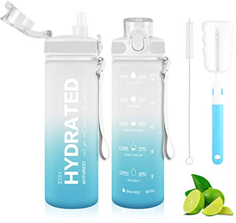 MYFOREST 700ml Tritan Trinkflasche, großer Auslauf für großer Schluck/Abnehmbarer für klein Trinken, Kratzfester Zeitmarker für motivierende Flüssigkeitszufuhr, sturzfest/BPA-frei Wasserflasche