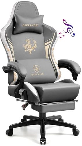 GTPLAYER Gaming Stuhl Gamer Stuhl mit Bluetooth-Lautsprechern und Fußstütze, Dragon Series Bürostuhl, Ergonomischer Gaming-Stuhl, Drehsessel, Computerstuhl Grau