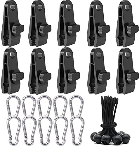 30 clips para lonas, tiendas de campaña multifunción, juego de pinzas de cocodrilo, clip de boca de cocodrilo, accesorios para camping, tienda de campaña con cuerdas atadas y 3 mosquetones para