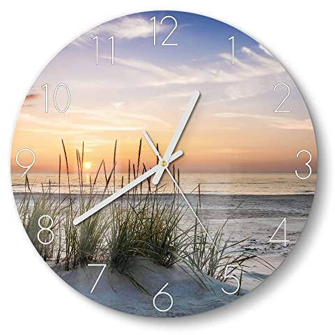 DEQORI Glasuhr | rund Ø 30 cm | Motiv Sonnenuntergang am Strand | ausgefallene leise Design Uhr aus Glas | Wanduhr für Wohnzimmer & Küche | moderne Hingucker Uhr für die Wand