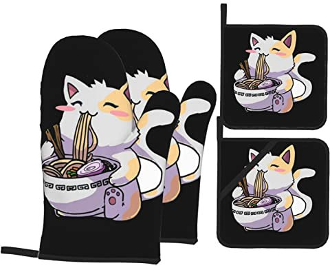 Ofenhandschuhe und Topflappen Sets Kawaii Anime Katze Essen Ramen Hitzebeständige Küche Backhandschuhe rutschfeste Oberfläche zum Kochen Backen Grillen Grillen