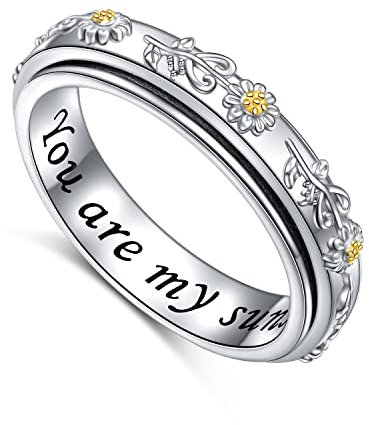 HOOHWE Anxiety Ring Anti Stress Ring Damen Ringe silber 925 Gänseblümchen Ring Skill Ring Du bist mein Sonnenschein Fidget Inspirierend Ring Schmuck Geschenk für Frauen