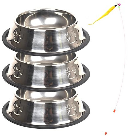 3 Pcs Stainless Steel Cat Bowl + 1 pcs Cat Feather Toys, cat feeding bowl,cat water bowl,cat food bowl,metal dog bowl,dog water bowl,dog food bowl