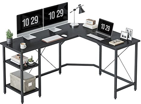 CubiCubi L Shaped Computer Desk, 150 cm Industrial Office Desk with Storage Shelves, White Wood and Metal Corner Desk for Home Office, Black