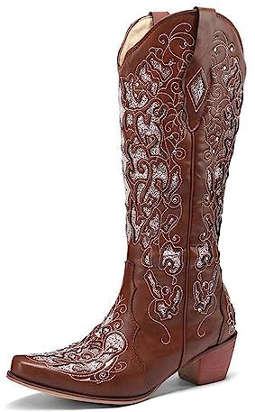 CRETUAO Stivali Cowgirl Alti al Ginocchio Strass Glitterati Donna,Stivali a metà Polpaccio Tacco Grosso a Punta Ricamata,Stivali Cowboy Western con Tacco Basso Casual e Accogliente,Marrone,41 EU