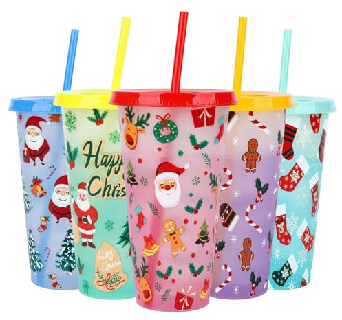 Set di 5 bicchieri natalizi da 710 ml, con coperchio e cannucce, per smoothie e caffè, per decorazioni natalizie (colore B)