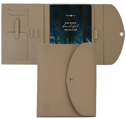 Lebenskompass Buchhülle A4 im edlen Design von Beige - Buchtasche & Book Sleeve Bag aus veganem Leder (PU) Für Kalender DIN A4 & als Geschenk für Buchliebhaber