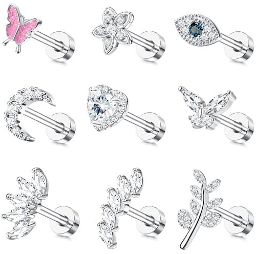 KRFY 16G Helix Piercings Ohr Edelstahl Ohrstecker Ohrpiercing Opalstern Perle Flacher Rücken Conch Tragus Piercing Set Silber, CZ Blume Labret Ohrstecker Ohrringe Ohr Helix Piercing Schmuck