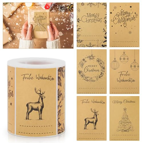 250 Stück Weihnachtsaufkleber zum Beschriften,7.5x5CM Aufkleber weihnachten,Weihnachtsaufkleber selbstklebend,Kraftpapier Etiketten,für Umschlag Geschenktüten Papiertüten Weihnachtskarte