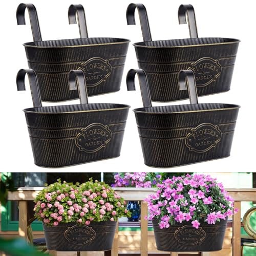 Coolty 4pcs Macetero de Metal Vintage para Colgar en la Pared Macetero para Valla Balcón Jardinera Decoración del Hogar con Gancho Desmontable (Ovalado)