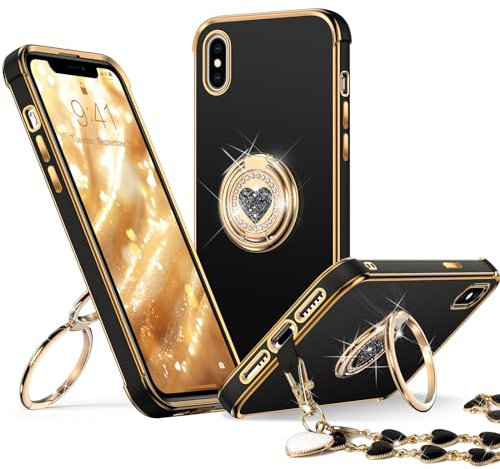 XYZ for iPhone X Case,iPhone Xs Case with Stand, Phone Case with Double Ring Kickstand, Women Girl Cute Love-Heart Luxury Bling Protective Case Heart for iPhone X/XS(5.8 inch), Black