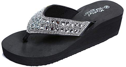 Zehentrenner Damen Weiß Perlen, Keilsandalen Damen Plateau Flip Flop Strass Glänzend Hausschuhe Elegant Slides Sommer Badeschuhe Hochzeit Strandsandalen rutschfest Plateau Sandalen/Sandaletten