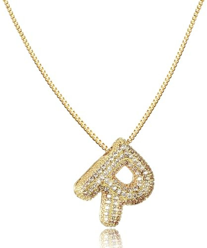 AFSTALR Damen bubble buchstaben kete Gold R ice out Balon halskette mit initial Anhanger Blase Schmuck 45+5cm