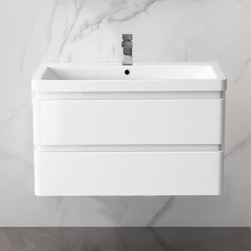 Aquariss 800mm Bathroom Wall Hung Vanity Unit and Basin Sink Cabinet 2 Soft Close Drawers Storage Furniture Gloss White