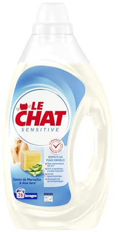 LE CHAT -Lessive Liquide Sensitive - Savon de Marseille & Aloe Vera - Respecte les Peaux Sensibles - 85% d'ingrédients d'origine naturelle - Développé avec des Dermatologues - 26 Lavages