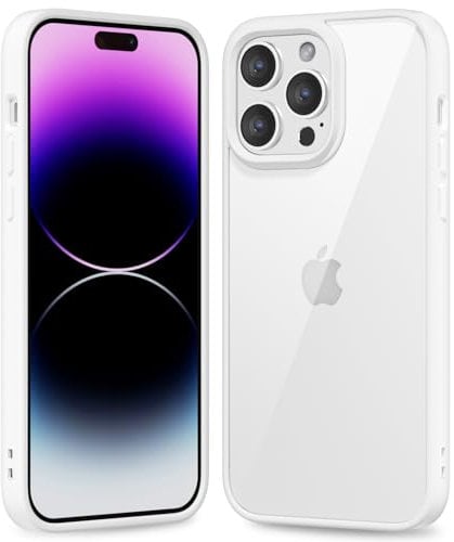 oakxco Thin Slim Clear case for iPhone 14 Pro Max, Transparent Hybrid Hard Shell Plastic & Soft Silicone Rubber Bumper, Non-Yellow Acrylic Protective Lightweight Cover for Women, White