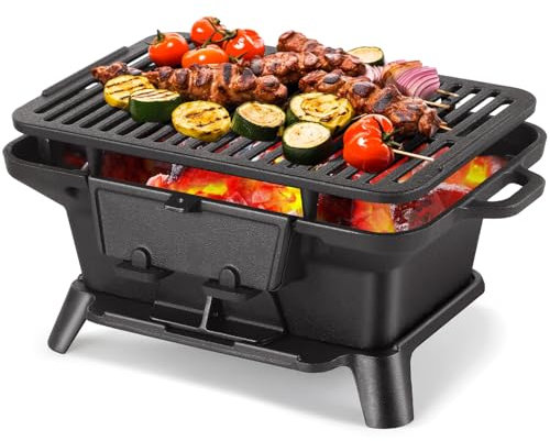 Hibachi Grill Outdoor, Cast Iron Mini Charcoal Grill, Portable Japanese Yakitori Tabletop Cast Iron Skillet Grill Stovo for Camping, Outdoors