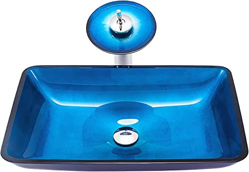aufsatzwaschbecken waschtisch Rechteckige Aufsatzwaschbecken Mit Wasserhahn-Kombination, Künstlerisches Waschbecken Aus Gehärtetem Glas, Waschschüssel Über Der Theke, 22,5 L X 14,6 B X 4,3 H