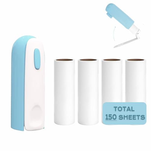 Mini Lint Roller with 150 Sheets, Travel Size Portable Lint Roller Compact Pet Hair Remover with 5 Refills, Sticky Small Lint Remover for Pocket Travel Essentials for Clothes (Blue)