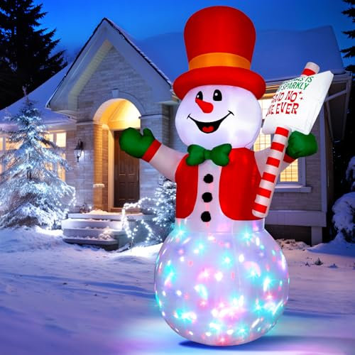 Wothfav 8FT Christmas Inflatable Outdoor Decoration, Giant Inflatable Snowman Holding Candy Cane-striped Sign, Christmas Blow Up Decor with Rotating LEDs for Xmas Party Garden Patio Lawn
