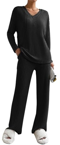 Yutdeng Tuta Donna in Maglia Maniche Lunghe Completo Sportiva con Pantaloni Autunno Invernale Maglioni Comode Scollo V e Pantalone con Tasche Set Pigiama Abbigliamento Lounge,Nero,XL