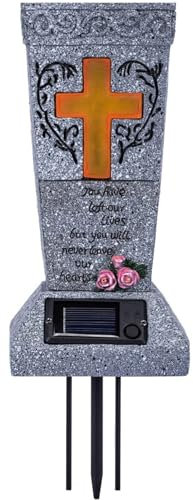 Grave Flower Pots Solar Cemetery Grave Vase with Light Up Cross & Lament Resin Cemetery Vases with Spikes Carved Weather Resistant Grave Vase for Fake/Fresh Flowers, Flower Not Included