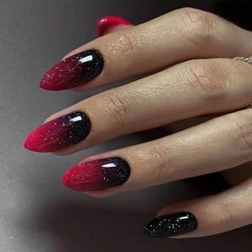 30pcs Short Almond False Nails Cat Eye Press on Nails Black Red Ombre Fake Nails Glitter Stick on Nails Removable Glue on Nails Acrylic Full Nail Tips Women Nail Art Accessories